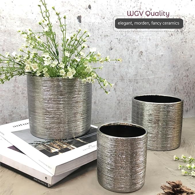 WGVI Silver Etched Ceramic Cylinder Vase Width 3.75" Height 4", Flower Arrangements, Candle Holder, Terrarium Planter Pot, Storage Container Organizer, Pen Brush Holder, Scratched Texture, 24 Pcs