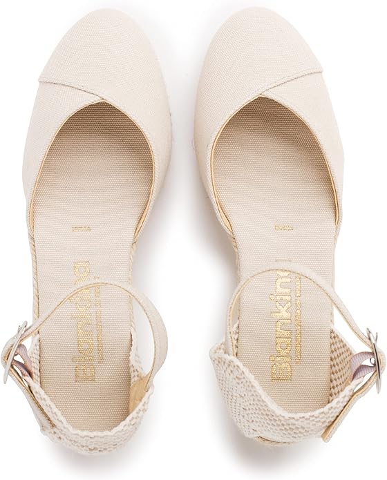Girona Authentic Spanish Espadrille Wedge Sandals for Women - Sustainable, Eco Friendly, Vegan Shoes. Classic Style, Organic Cotton Canvas Upper, Comfy Insole, Jute Midsole, Rubber Sole. Made in Spain