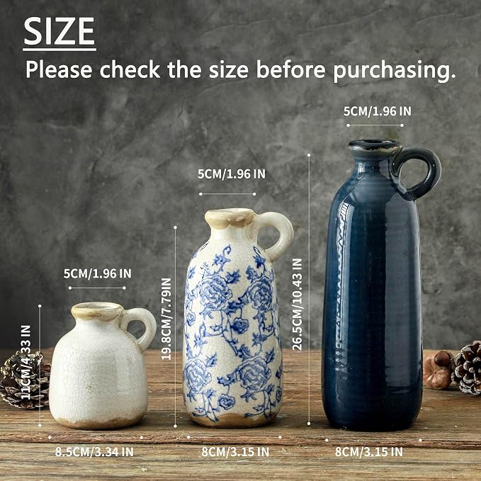 Ceramic Vase Set of 3 with Handle, Vintage Rustic Vases Home Decor Farmhouse Decorative Vase Pottery Decor Modern for Table Mantel Entryway Bookshelf Living Room Kitchen Bedroom - Blue