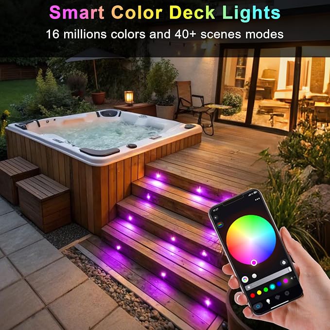 LED Deck Light Kit, 20pcs Φ1.77 WiFi Wireless Smart Phone Control Low Voltage Recessed RGBW Deck Lights with Remote, Voice Control, IP67 Waterproof Outdoor Path Stair Landscape Lighting, Black