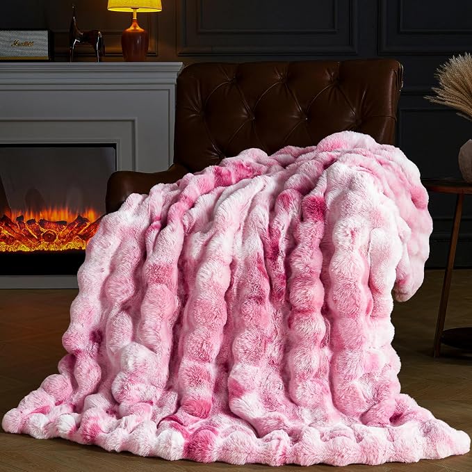 Faux Fur Throw Blanket for Couch, Fluffy Fuzzy Plush Bubble Blanket, Soft Warm Cozy Shaggy Rabbit Blanket, Luxury Decorative Gifts for Sofa Bedroom Living Room, 60x50inch (Tie-Dye-Pink)