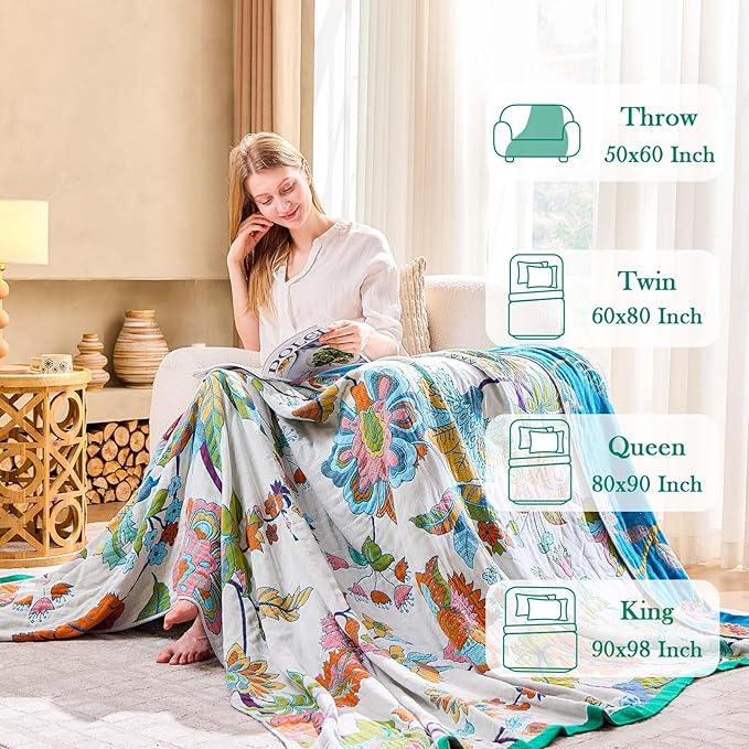 XIBLC Summer Throw Blanket, 90"x98" Reversible Bohemian Flower Blanket, 100% Cotton Muslin Breathable Woven, Farmhouse Decorative Throw Blanket