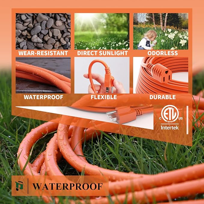 Outdoor Extension Cord 6 FT Waterproof, 16/3 Gauge Heavy Duty 3 Prong Extension Cord, 13A 1625W SJTW, ETL Listed, Great for Garden and Home, Orange