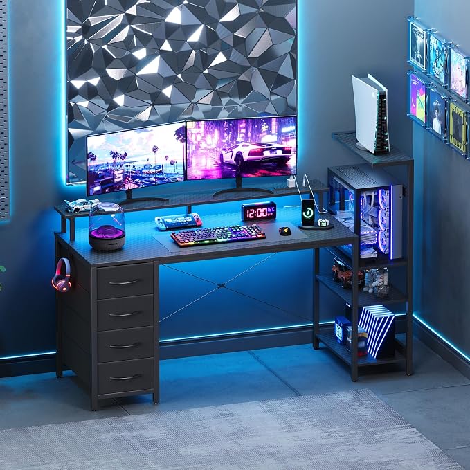 59 Inch Gaming Desk with Drawers & PC Tower Stand & LED Lights, Black | Reversible, Monitor Shelf, Power Outlets, Carbon Fiber, Mesa Gamer, Computer Desk with Storage, Gaming Table for Home Office