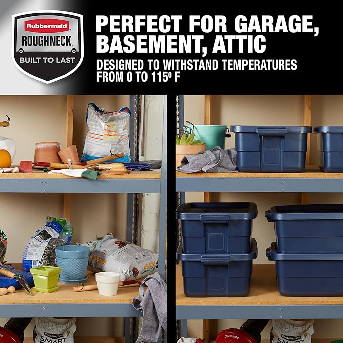 Rubbermaid Roughneck Tote 10 Gal, 8 Pack, Made in USA, Dark Indigo Metallic, Rugged Plastic Stackable Storage Bins with Lids and Handles