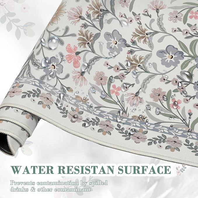 iCasso Aesthetic Desk Mat,31.5x11.8in Mouse Pads, Gray Floral | Anti-Slip Mousepad with Stitched Edges, Waterproof Computer Pad, Desk Accessories Office Decor for Women