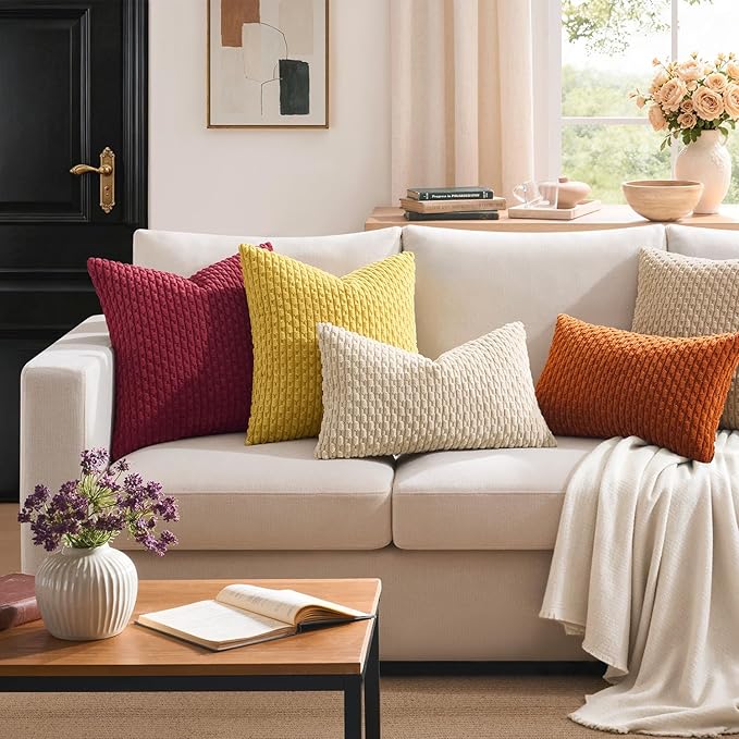 Kevin Textile Soft Corduroy 16"x24" Lumbar Pillow Cover 1 Pack, Beige | Boho Stripe Plush Corduroy Decorative Oblong Cushion Cover Modern Farmhouse Home Decor for Sofa Couch Bed Chair