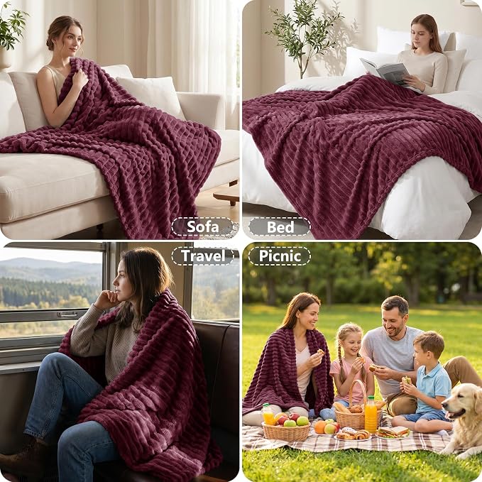 Burgundy Red Throw Blanket for Couch & Bed, 50 x 60 Inch | 300GSM Ribbed Fleece Blanket, Soft, Cozy & Lightweight, OEKO-TEX Certified, All-Season Use for Travel, Dorm & Home Decor