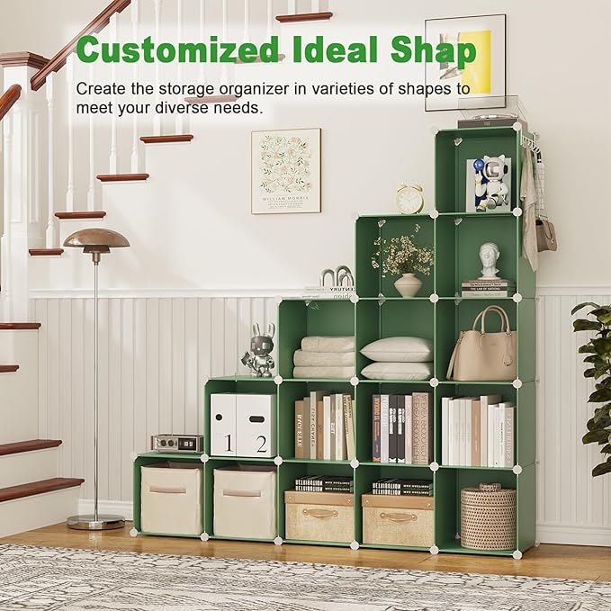 C&AHOME Cube Storage Organizer, 16-Cube Shelves Units, Plastic Storage Cubes, DIY Closet Organizer, Modular Closet Storage Shelves Ideal for Home, Bedroom, 48.4" L × 12.4" W × 48.4" H Green UPCS16GN