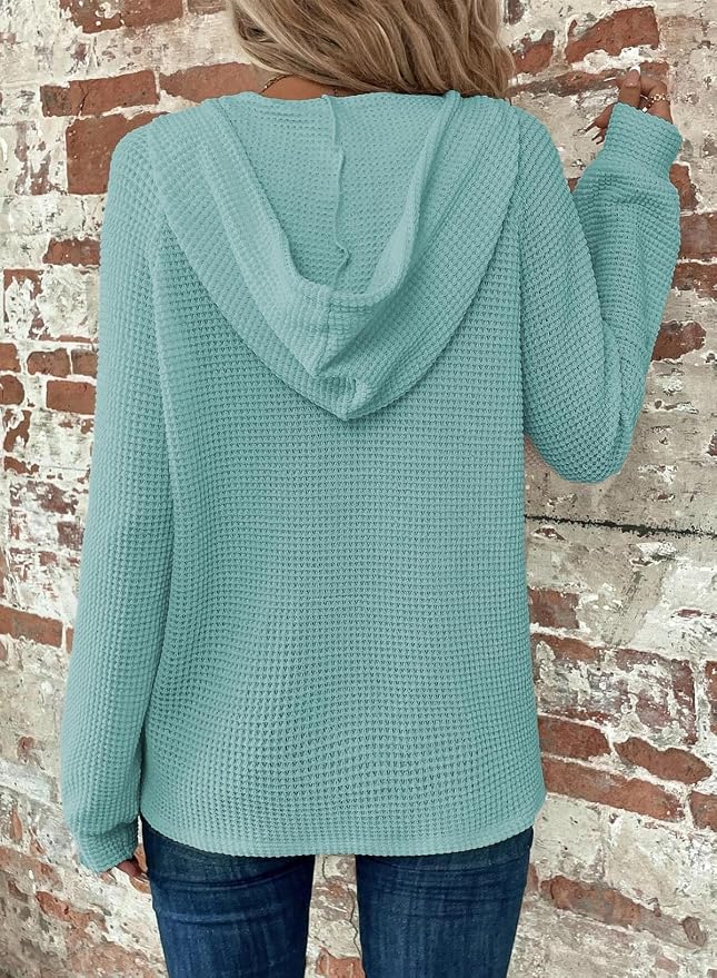 Dokotoo Hoodies for Women Waffle Knit Long Sleeve Drawstring Button V Neck Casual Sweatshirt Hooded Tops Fashion Clothing