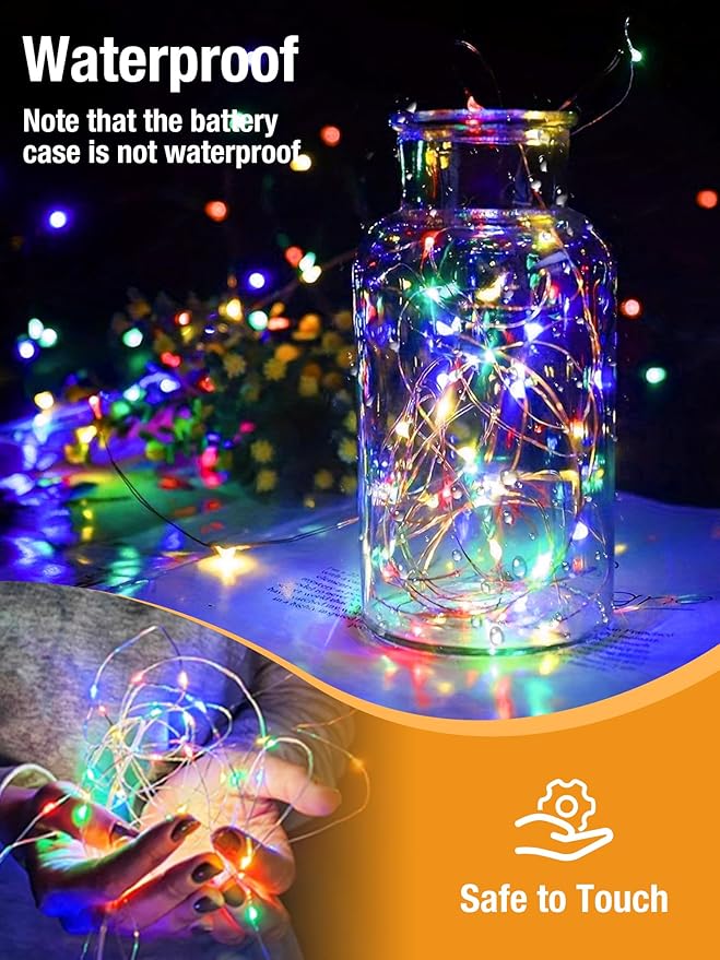 btfarm Fairy Lights Battery Operated with Timer 8 Modes, 16.4 FT 50 LED Silver Wire Twinkle String Lights Battery Powered Dimmable Waterproof for Indoor Home Party Wedding Christmas Decor, Multicolor