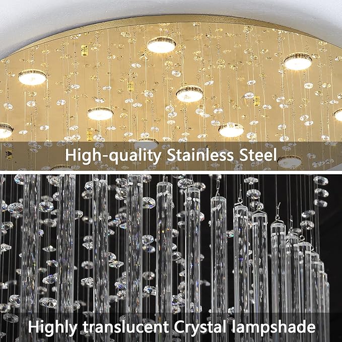 W32 x H100 Glam Chandelier with LED Bulbs Crystal Raindrop High Ceiling Pendant Light for Entrance Large Villa Chandelier Foyer Lighting Fixtures Gold