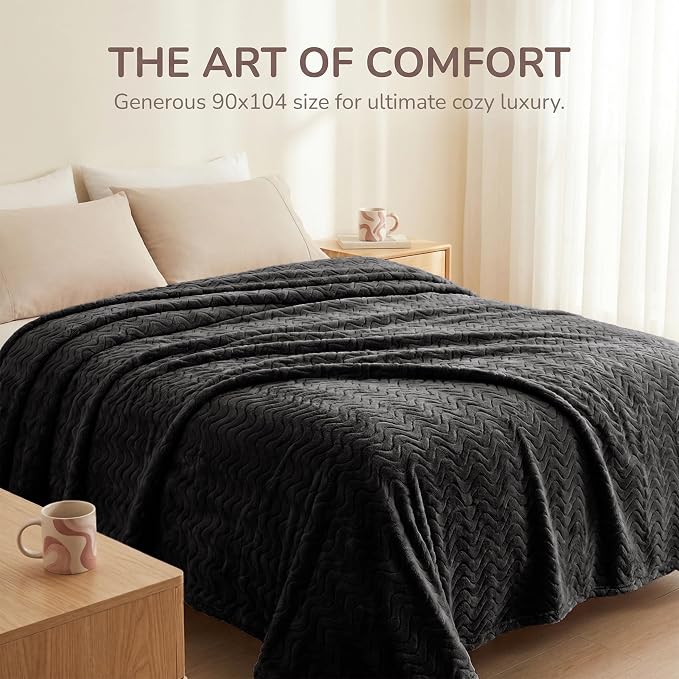 Exclusivo Mezcla Soft Fleece Blanket Queen Size for Bed, Sofa, Black | 90"x90" Breathable Lightweight Flannel Blanket for Summer, Plush Cozy Jacquard Wave for Home Decor