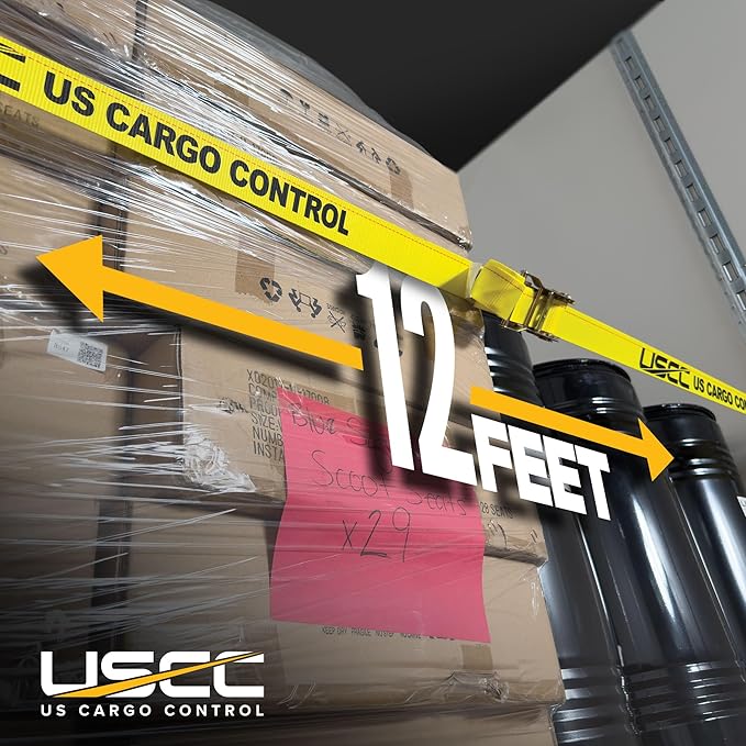 US Cargo Control E Track Straps 2" x 12' (20-Pack), 4,400 LBS Break Strength, Yellow Heavy Duty E Track Ratchet Straps with 4' Fixed End and Spring E-Fittings, Logistic Tiedowns for Box Trucks, Vans