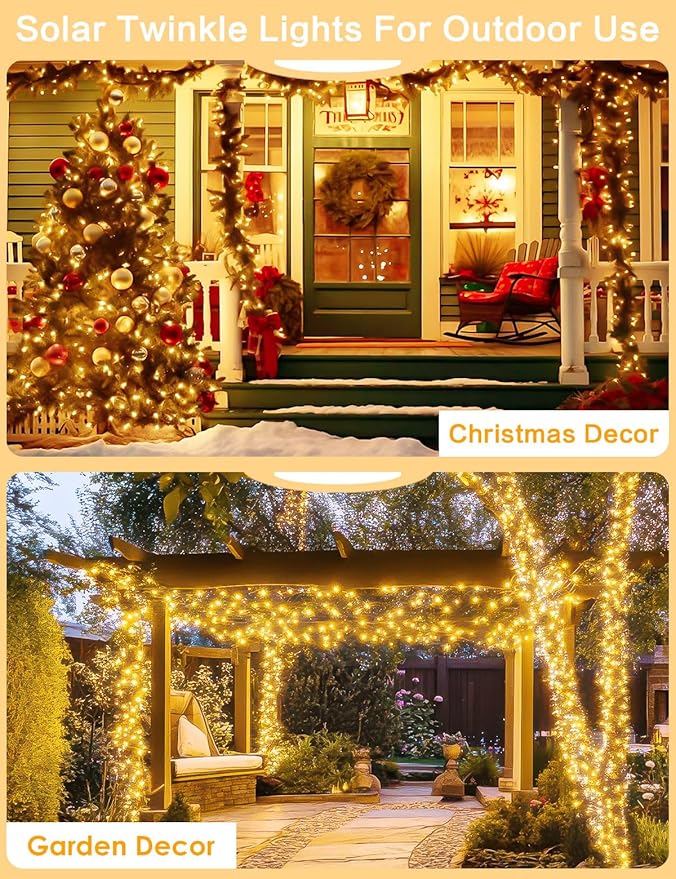 2Pack Solar String Lights Outdoor, 80FT 200LED Solar Fairy Lights, Waterproof Copper Wire & 8 Modes, Solar Twinkle Light for Garden, Tree, Wedding, Christmas Decorations, Patio, Fence (Warm White)