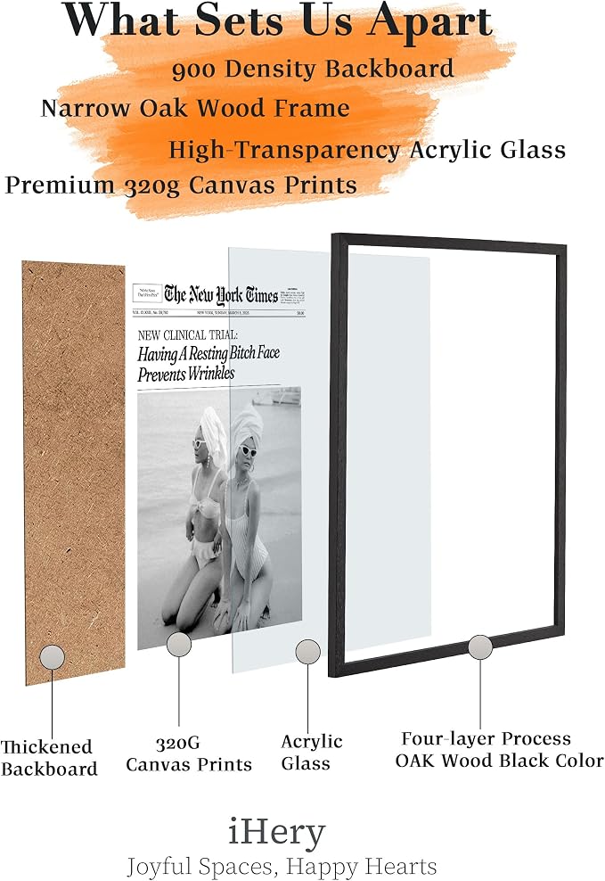 iHery 12x16in Funny Beach Girls Black Framed Newspaper Wall Art | Premium Black Natural OAK Wood Frame with Canvas Print, Retro Magazine Decor for Bathroom Bedroom Dorm, Living Room 1Pack