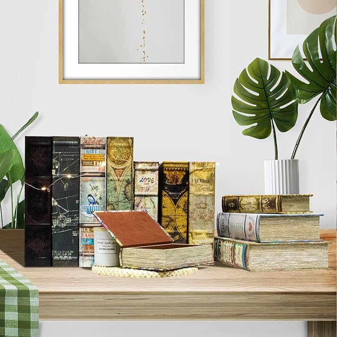 Decorative Book Box Set of 2, Trinket Keepsake Storage Boxes Book | Shaped Storage Box Vintage Style Decorative Faux Books Boxes Globe Antique Books for Home Decoration Old World Map Pattern