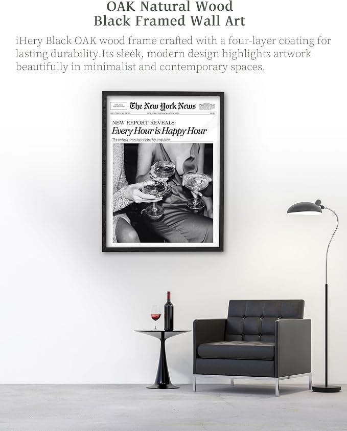 iHery 12x16in Every Hour Is Happy Hour Black Framed Newspaper Wall Art | Premium Black Natural OAK Wood Frame with Canvas Print, Retro Editorial Decor for Bedroom, Girl Dorm, Living Room 1Pack