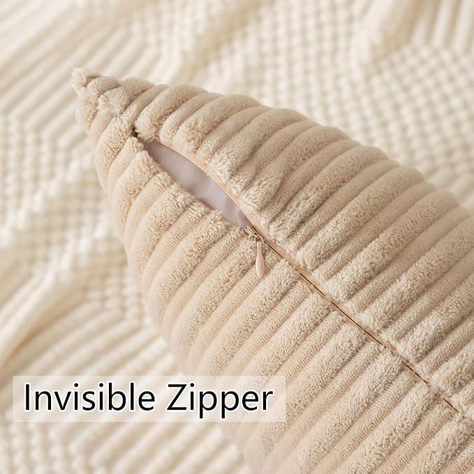 UGASA Velvet 26x26 Inch Soft Throw Pillow Covers Decorative Corduroy Striped Both Sides Solid Square Cushion Cases Boho Farmhouse for Couch Bedroom Sofa Home, Pack of 2, Beige