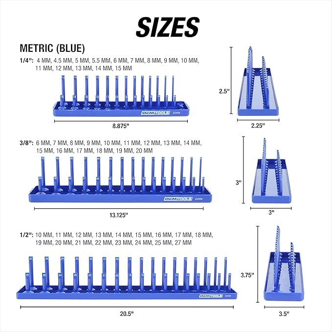 OEMTOOLS 22237 6 Piece SAE and Metric Socket Tray Set, SAE and Metric Socket Storage for Sizes 1/4", 3/8”, and 1/2" Drive, Socket Holders and Socket Organizer Tray for Toolbox, Red and Blue