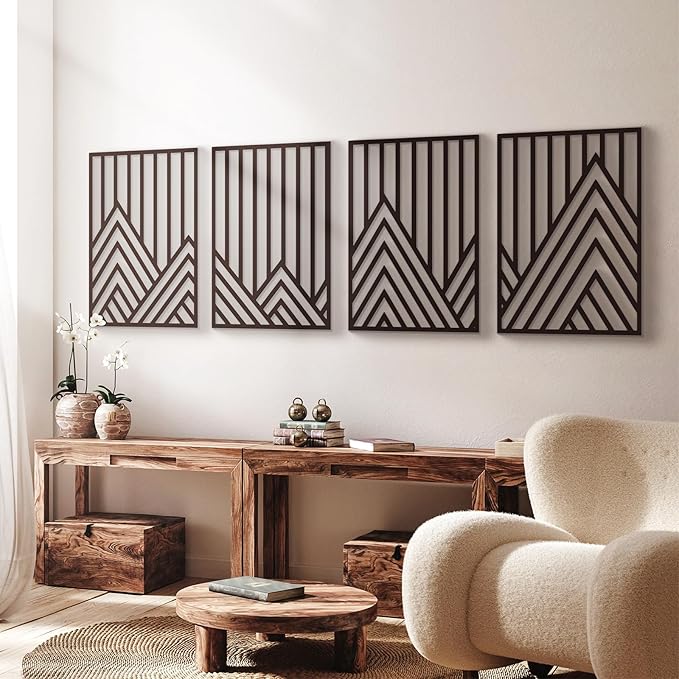 Glamativity 4 Pack Black Abstract Metal Wall Art, Minimalist Décor Single Line Art Wall Décor, 3D Textured Metal Wall Sculptures, for Living Room Bedroom Bathroom Study Room (Mountain Line, L Size 22.5 x 15.7'')