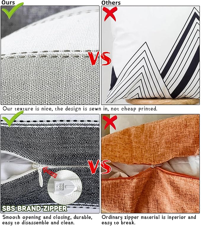 Pack of 2 Farmhouse Stripe Check Throw Pillow Covers Set Case Cotton Linen Decorative Pillowcases Cushion Cover for Couch Bench Sofa 16x16Inch Black