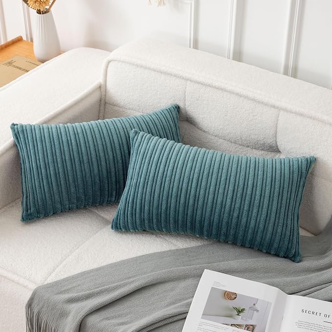 UGASA 14x24 Inch Pillow Cover Pack of 1 Soft Boho Stripe Corduroy Long Rectangle Lumbar Cushion Case Farmhouse Decorative Throw Pilowcase for Bed, Couch, Sofa, Bedroom, Living Room, Blue Grey