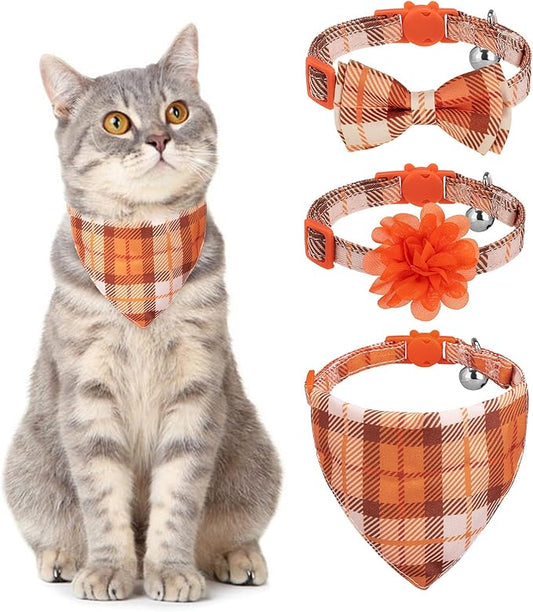 Breakaway Cat Collars with Bell & Cute Pendants - 3 Pack Adjustable Safety Kitten Collars - Decoration for Girl Boy Cats Puppy and Small Pets (Style C - Fall)