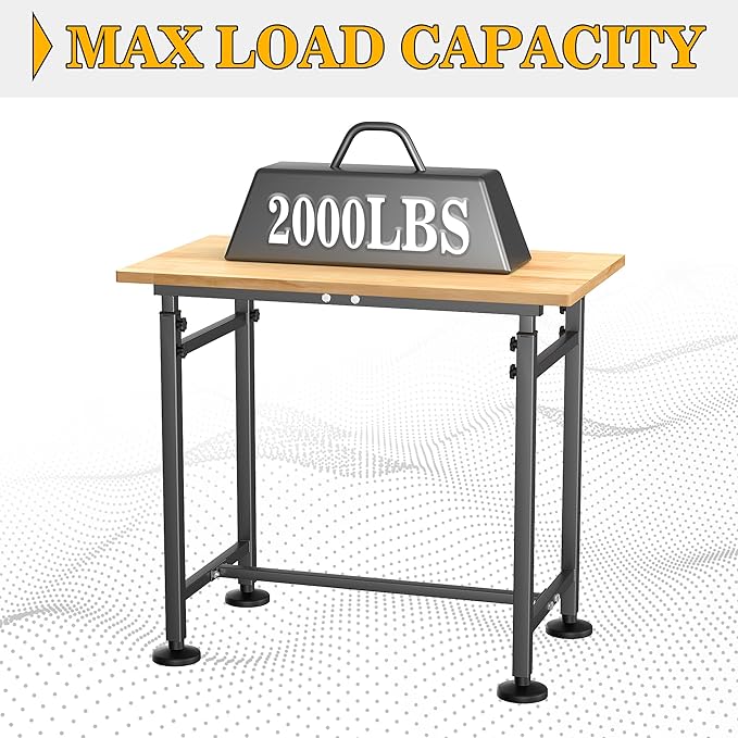 Ultrawall Workbench for Garage, 32"x18" Adjustable Height Work Table, Heavy Duty Rubber Wood Workstation for Workshop, Office, Home