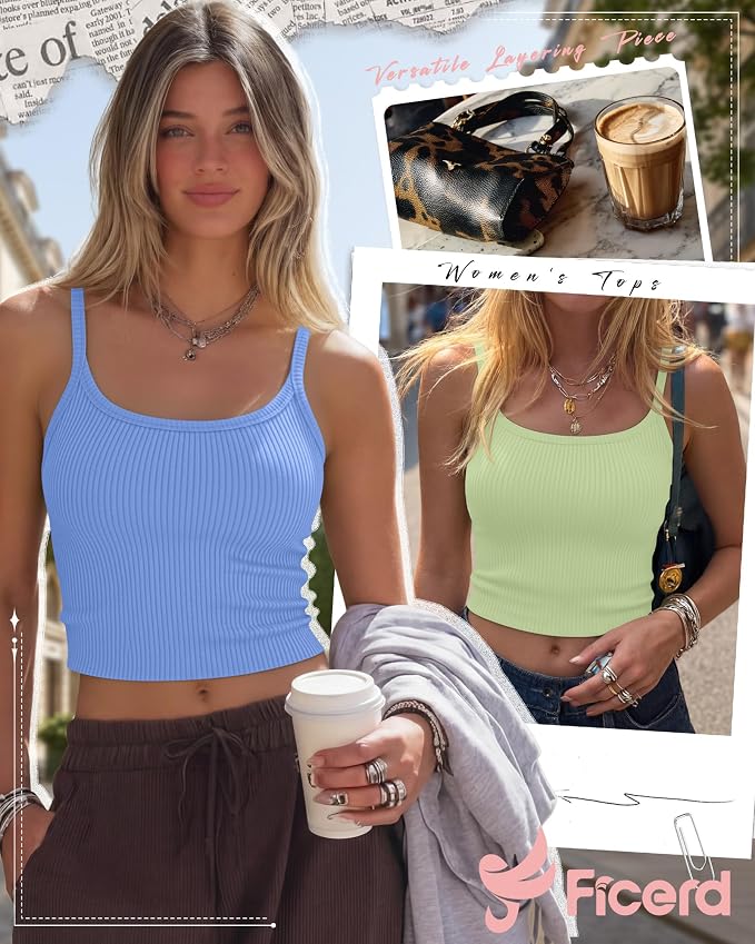 Ficerd 3 Pack Women's Tank Tops 95% Cotton Spaghetti Strap Ribbed Crop Camisole Slim Fitted Basic Summer Sleeveless Layer