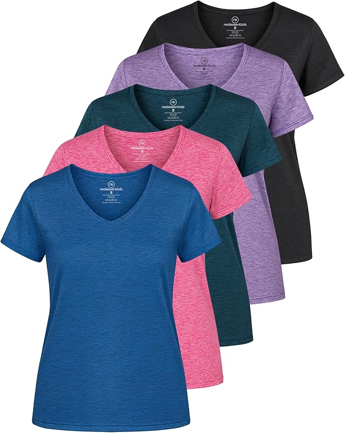 5 Pack Women's Dry Fit V Neck Workout Tops T Shirts Athletic Gym Yoga Tees | Available In Plus Size, Cooling Moisture-Wicking, Short Sleeve, Quick-Dry, Fitness, Stretch, Exercise, Running, Hiking