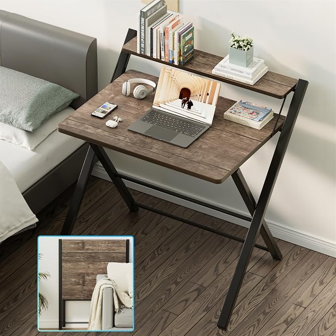 GreenForest Folding Desk No Assembly, Sturdy Computer Desk for Small Spaces | Portable Foldable Table for Laptop, 2-Tier Compact with Shelf, Space Saving for Home Office, Dorm, Apartment, 27"x 22" Brown