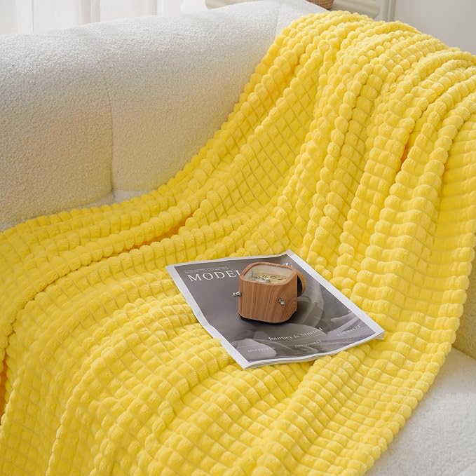 Puncuntex Fleece Throw Blanket Bright Yellow 60"×80"with Square Grid Design | Super Soft Plush Cozy Flannel Throw Blanket Luxury for Couch Sofa Chair