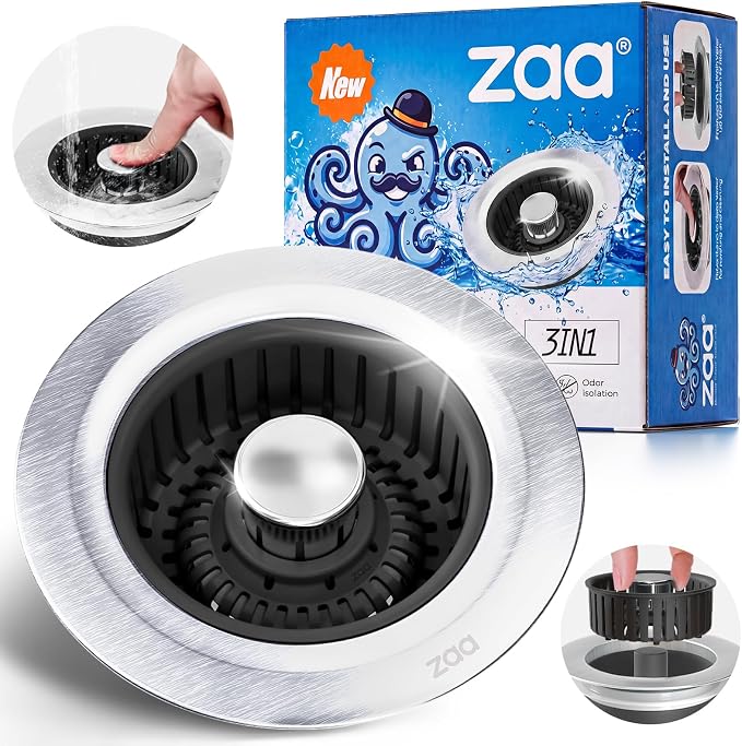 zaa 3 in 1 Kitchen Sink Drain Strainer Stopper Removable Basket Pop-Up | Kitchen Sink Accessories 1 Pack Black Stainless - Food Catcher, Odor-Blocking Seal, Fits 3.5" Drain, Easy Clean