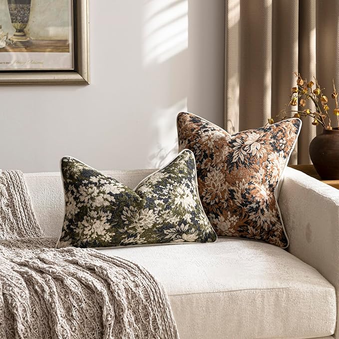 Pack of 2 Vintage Floral Throw Pillow Covers 18x18 Boho Farmhouse Accents Chenille Square Decorative Pillow Cases for Living Room Couch Bed Home Decor, Cognac