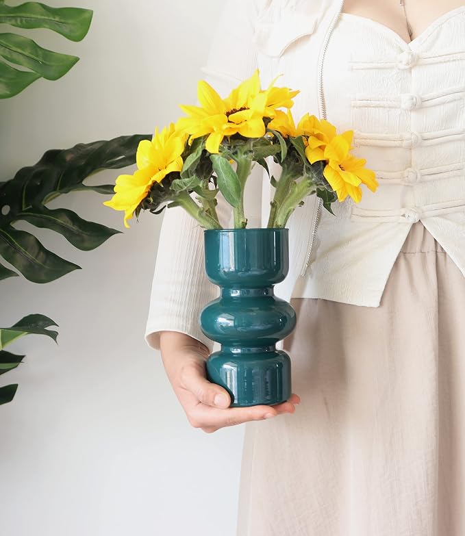 JSPYFITS Glass Hydroponic Flower Vase, 7 Inches Colored Glass Bubble Vase for Flower, Three-Layer Glassvase Funky Vase for Home/Office/Weddings/Party Table Flower Decor (Dark Green)