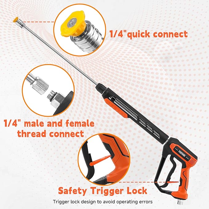 FIXFANS Pressure Washer Gun and Hose Kit, 25 FT High Power Washer Hose with Replacement Wand Extension, 5 Nozzle Tips, M22 Fitting