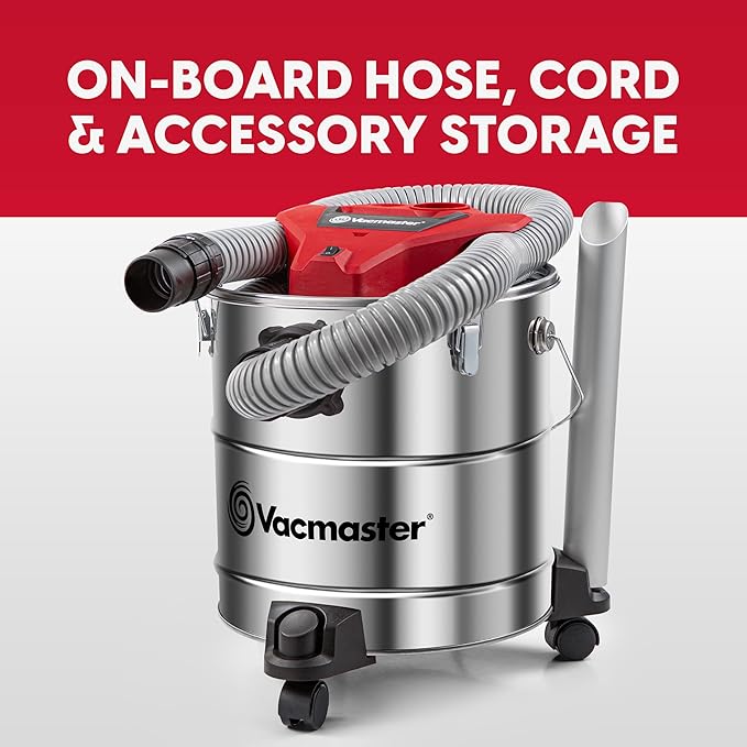 Vacmaster Vac EAV508S 1102 5-Gallon 3.5 Peak HP Premium Stainless Steel Ash Vacuum, Red Edition