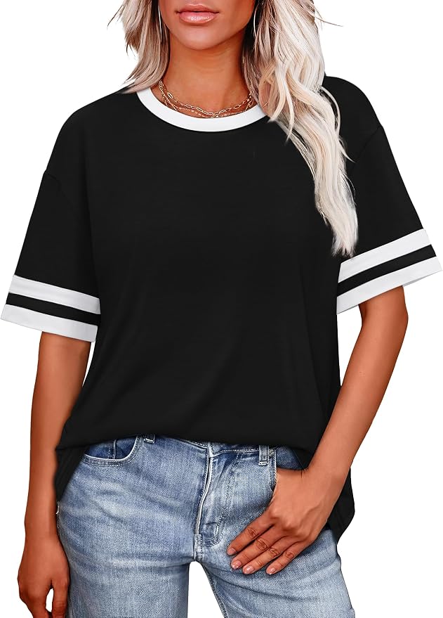 WIHOLL Womens T Shirts Loose Fit Short Sleeve Tees Crew Neck Color Block Summer Tops 2026 Fashion