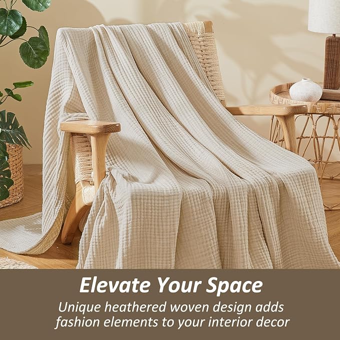 EMME Cotton Muslin Large Throw Blanket Couch Breathable Gauze Soft Lightweight Bed Blankets Adults (Heather Beige, 50"x70")
