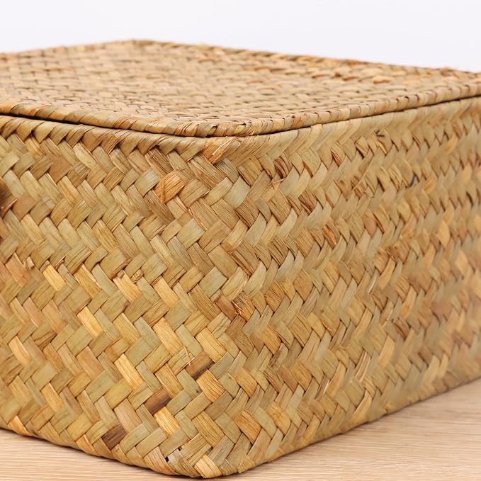 Moosky Wicker Shelf Baskets with Lid, Handwoven Seagrass Storage Basket Bins Square Gift Boxes for Shelves Home Decor Organizer (Natural, Large)