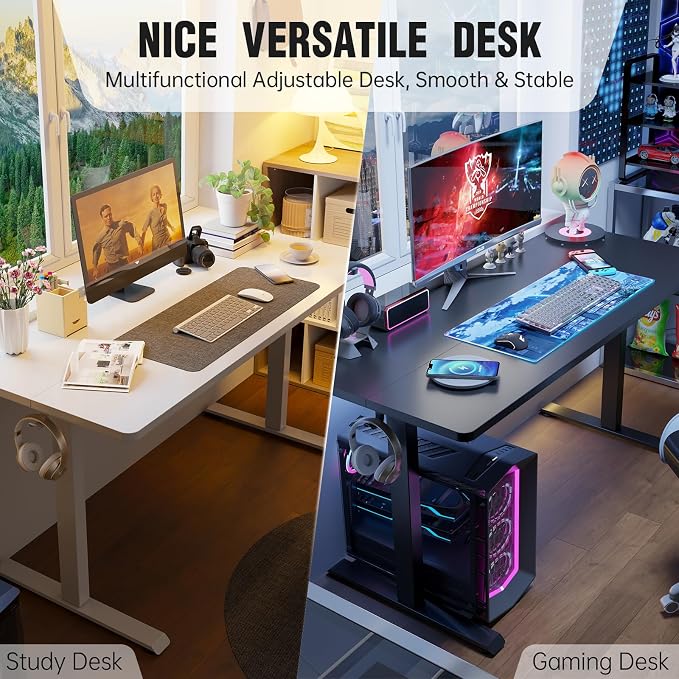 Veken Standing Desk, 63×27.6 Inch Electric Gaming Table, Black | Height Adjustable Sit Stand Up Computer Tables for Home Office, Study , Writing, Suit students, employees and group work