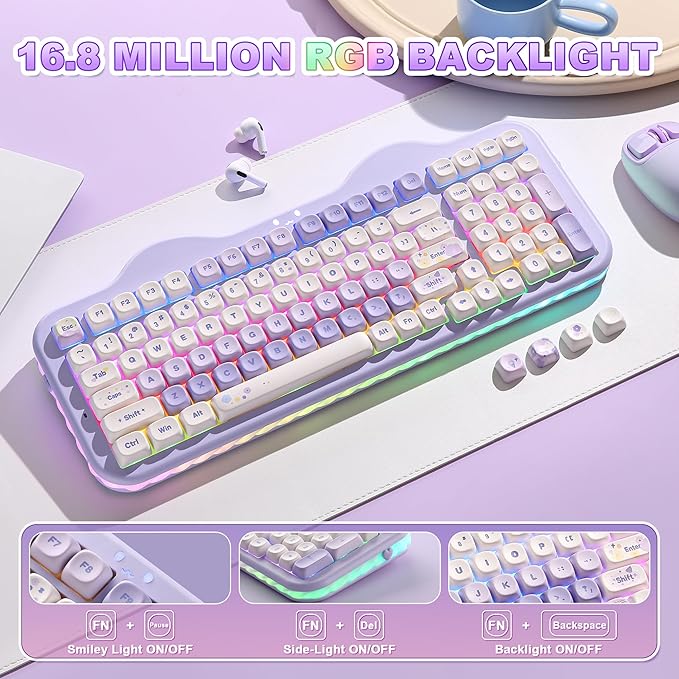 YUNZII C98 Cute Cake Wireless Mechanical Keyboard(Purple, Milk Switch) | 99 Keys with Number Pad, Hot Swap, PBT MOA Keycaps, BT5.0/2.4G/USB-C, Gasket Mount, Custom RGB Backlit for Win/Mac
