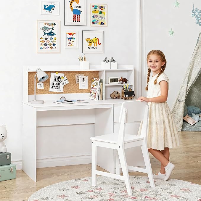 UTEX Wooden Kids Desk and Chair Set with Hutch and Storage for Ages 5-12 | Kids Study Table with Cork Bulletin Board, School Desk, Multi-Zone Storage, Water-based Paint Finish for Study Room