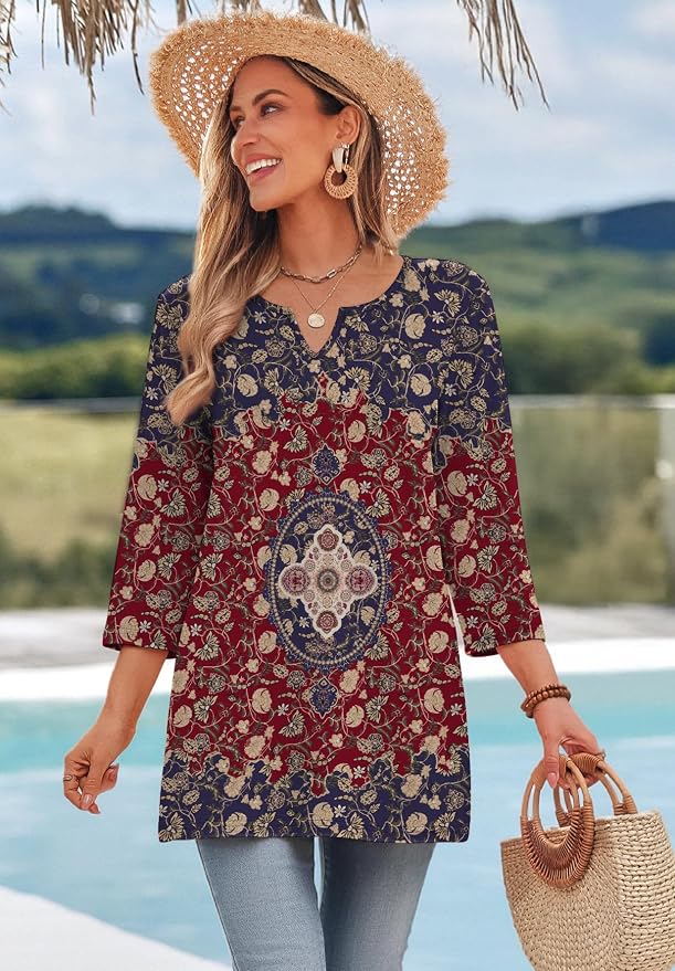 OFEEFAN Summer Boho Tops For Women 3/4 Length Sleeve Womens Tops Vacation Outfits