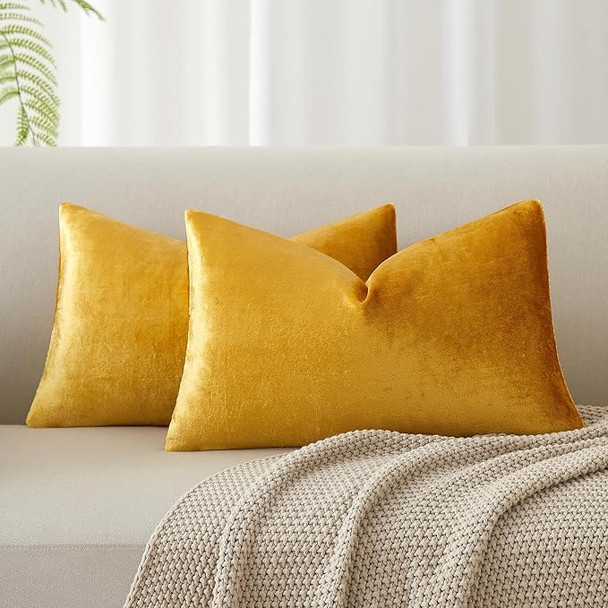 12x20 Throw Lumbar Pillow Covers Decorative Cushion Covers Set of 2,Golden | JUSPURBET Cozy Soft Velvet Pillow Cases with Invisible Zipper for Modern Couch Sofa Bed Living Room Bedroom Home Decor