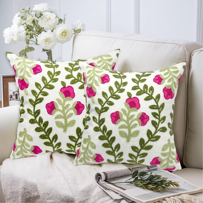 Alysheer Floral Embroidered Summer Decorative Throw Pillow Covers 20"x 20" Set of 2, Farmhouse Cottage Hot Pink Flowers Green Leaves Knit Pattern Cotton Canvas Cushion Case for Couch Bed Living Room