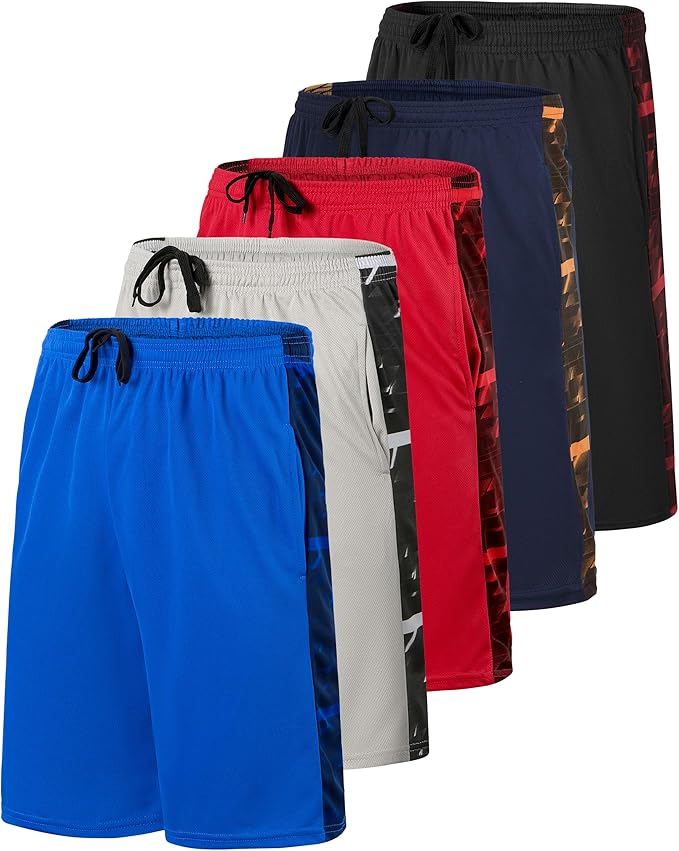 5 Pack Men's Mesh Shorts Athletic Basketball Sports Gym Workout Pockets | Cooling Moisture-Wicking, 9", Long, Quick-Dry, Breathable, Elastic Drawstring Waistband. Running, Exercise, Soccer, Training.