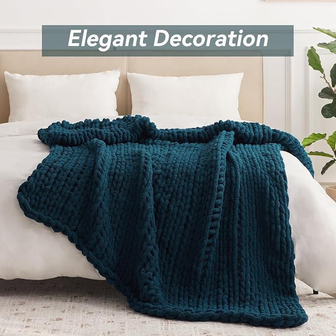 Negwoo Chunky Knit Throw Blanket, Knitted Throw Chenille Yarn, 60"*80" | Soft Thick Cable Knitted Blankets, Handmade Big Thick Blanket,Machine Washable Cute Comfy Blanket for Home Decor,Peacock blue