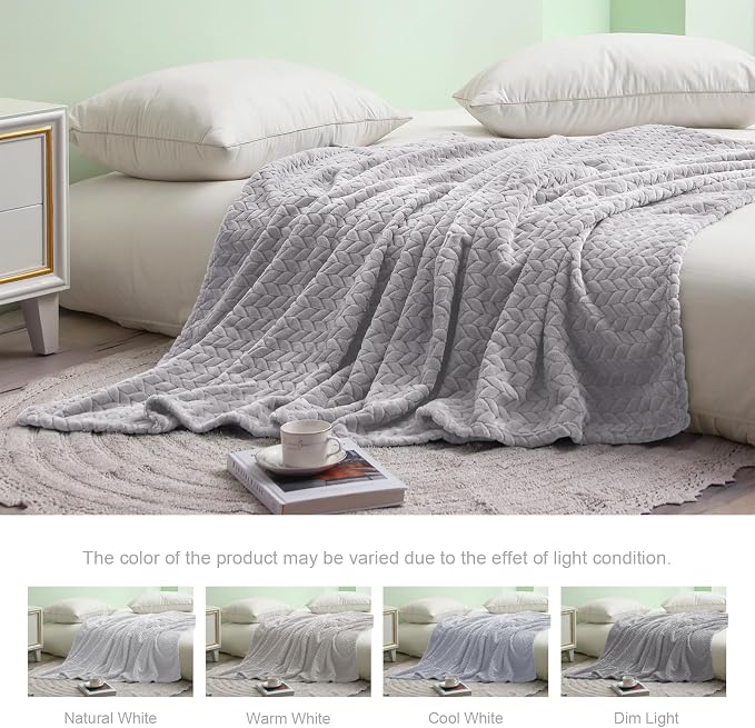 Exclusivo Mezcla Soft Fleece Bed Blanket Twin Size, 60”x80”, Light Grey | Cozy Fluffy Lightweight Blankets for Summer, Decorative Plush Flannel Throws for Living room, Bedroom with Leaves Pattern